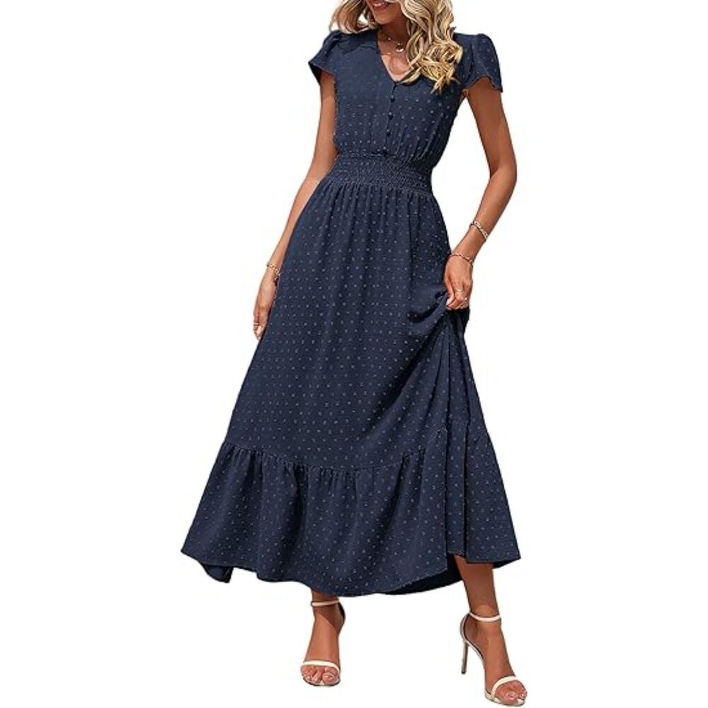 Women's Navy Polyester Blend  V Neck Short Sleeve A Line Casual Maxi Dress